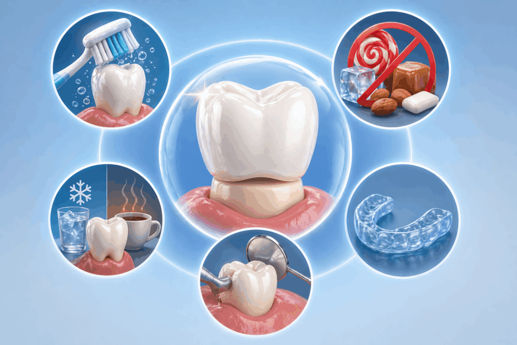 Dental crown care showing brushing, avoiding hard foods, nightguard use, and regular dental checkups