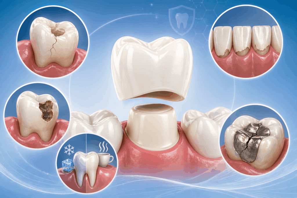 Dental crown showing cracked tooth, decay, sensitivity, worn teeth, and damaged filling